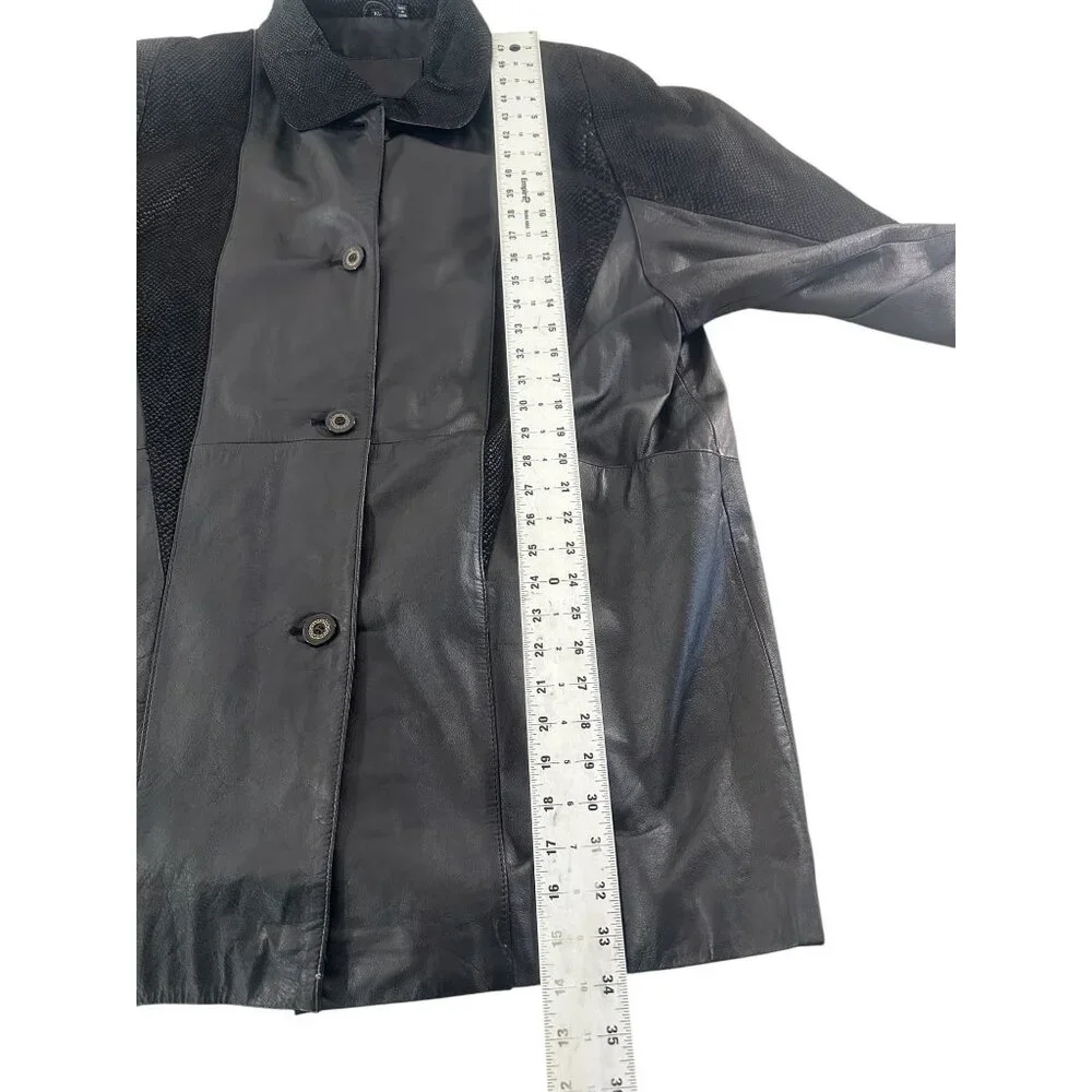 Jaqueline Ferrar Vintage Retro Leather Jacket Coat XL Black Button Down Western
